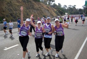 Ginny, Sharon, me and Tonya looking like we're having the time of our lives (around mile 10 or so). 